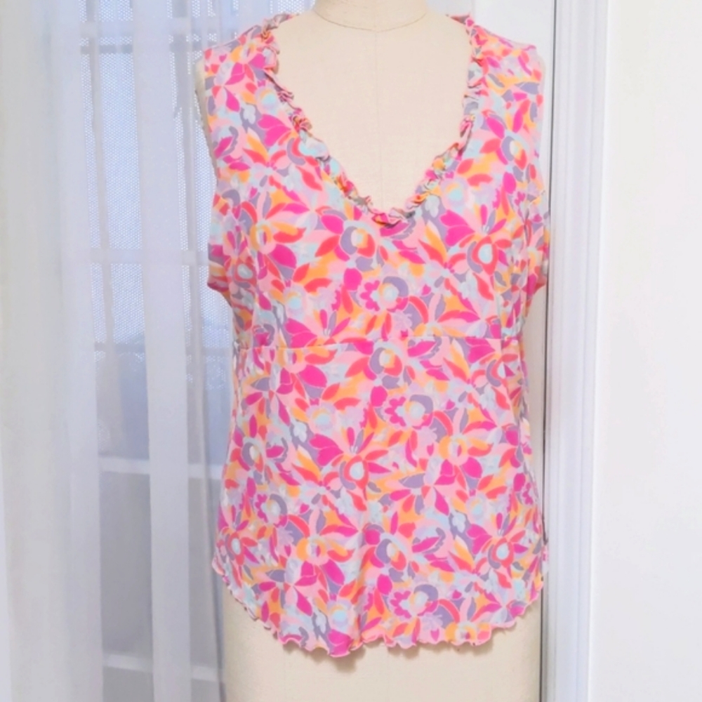Sigrid Olson XL lettuce edge Y2K mesh top candy colors pink blue v-neck, EUC